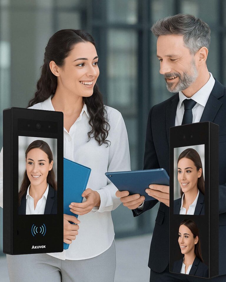 Businesspeople with Facial Recognition Terminals Akuvox